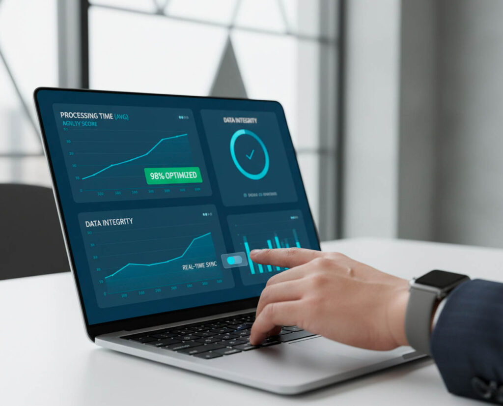 Manos colaborando sobre portátil con métricas KPI y flujo de automatización agéntica.