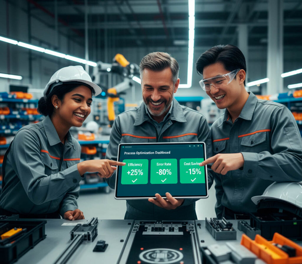 Manos colaborando sobre portátil con métricas KPI y flujo de automatización agéntica.