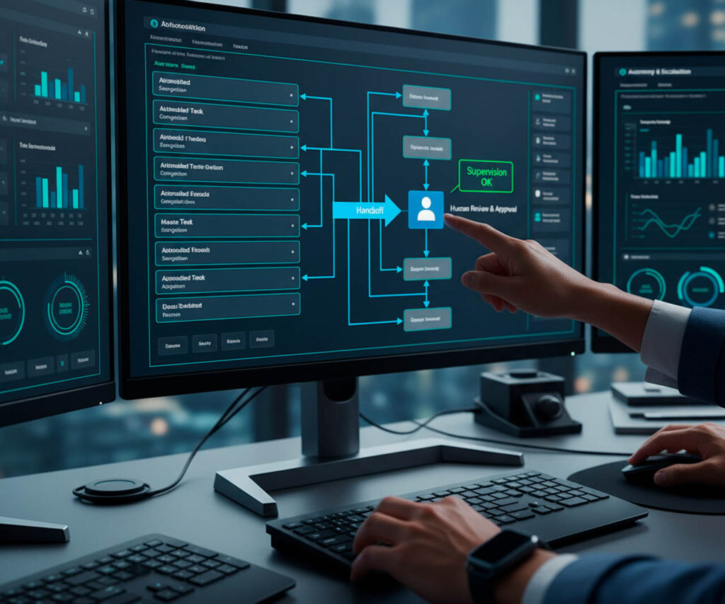 Equipo de soporte usando asistente de IA, ambiente amable y resolutivo