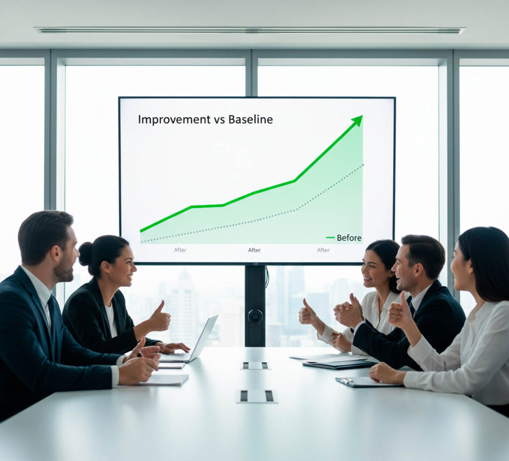 Equipo directivo sonriente frente a cronograma Día 1–30 de un sprint de IA.