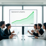 Equipo directivo sonriente frente a cronograma Día 1–30 de un sprint de IA.