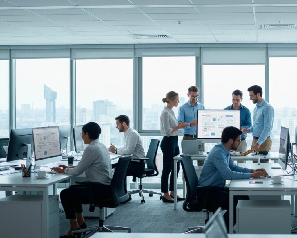 Equipo directivo sonriente ante un círculo 360° con módulos de IA y negocio.