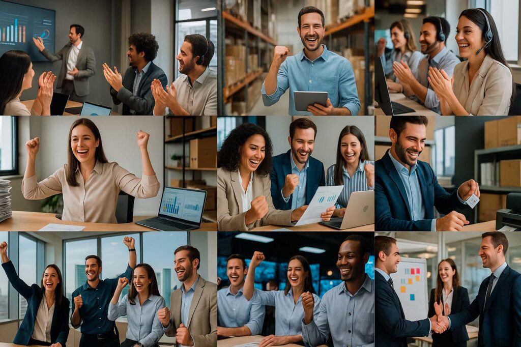 Grupo de profesionales celebra la automatización low-code que reduce tiempos operativos en una PYME.