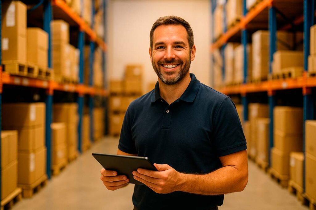 Responsable de almacén utiliza tablet con flujos de IA para lectura de albaranes y control de inventario.
