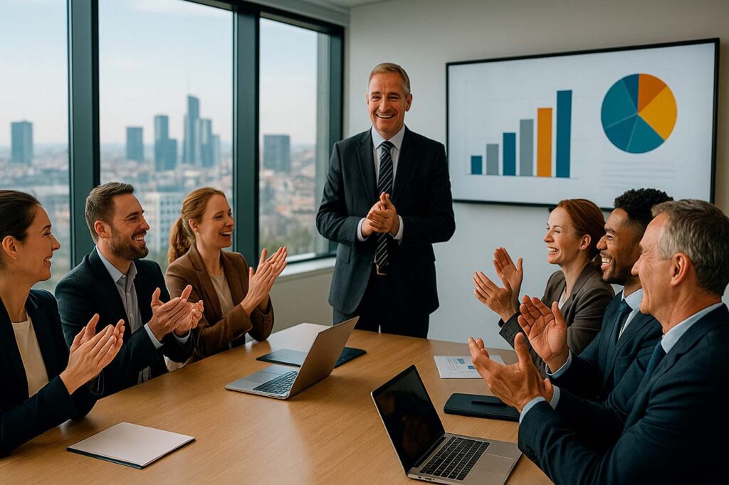 Presentación en sala de juntas con panel de KPIs y gráficos de impacto de IA en áreas comerciales y back-office.