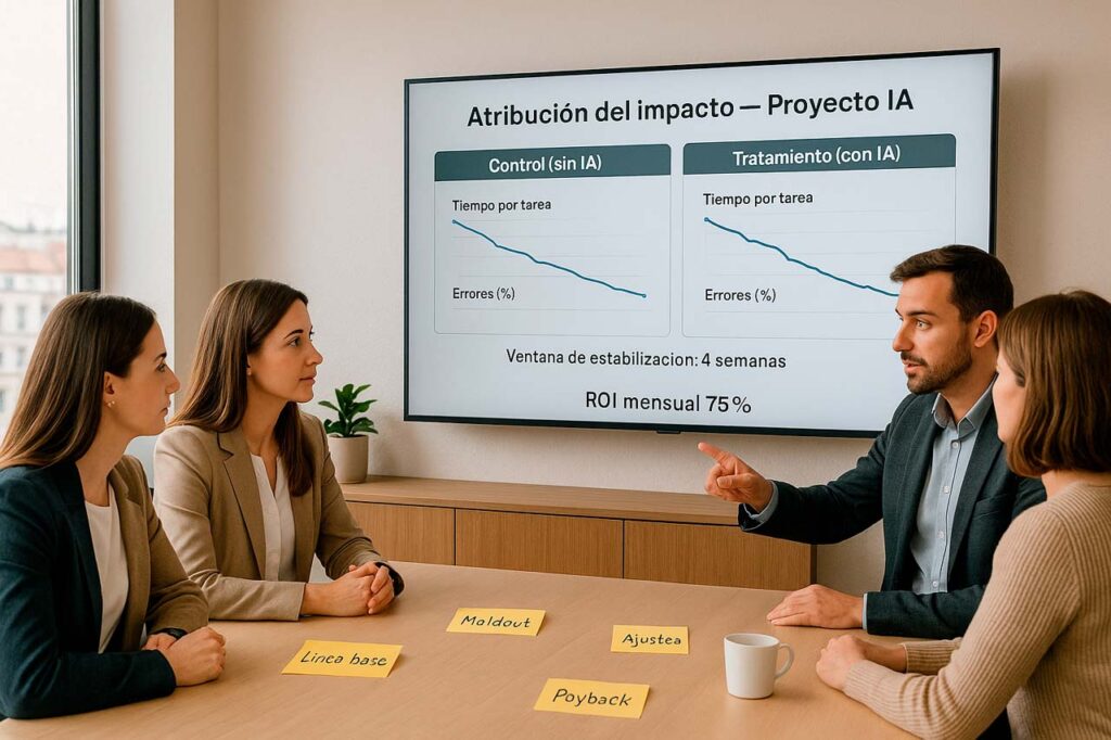 Tres profesionales valoran métricas de eficiencia (tiempo, coste, calidad, negocio) con resultados positivos.