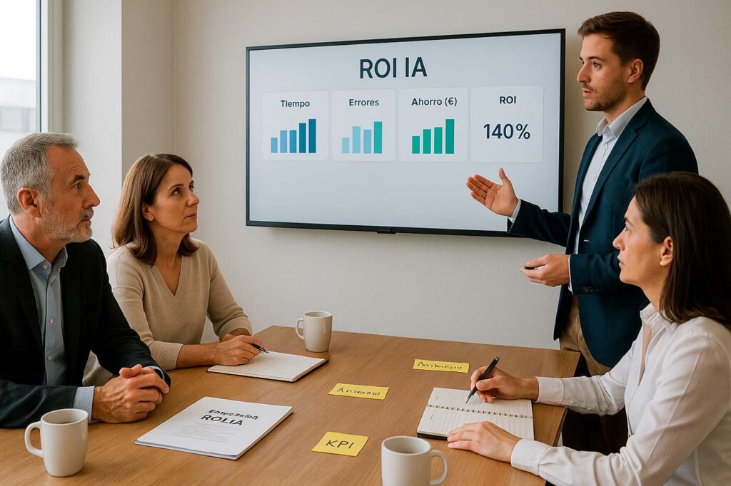 Equipo directivo de una pyme en Madrid revisa un dashboard de ROI en IA durante una reunión.
