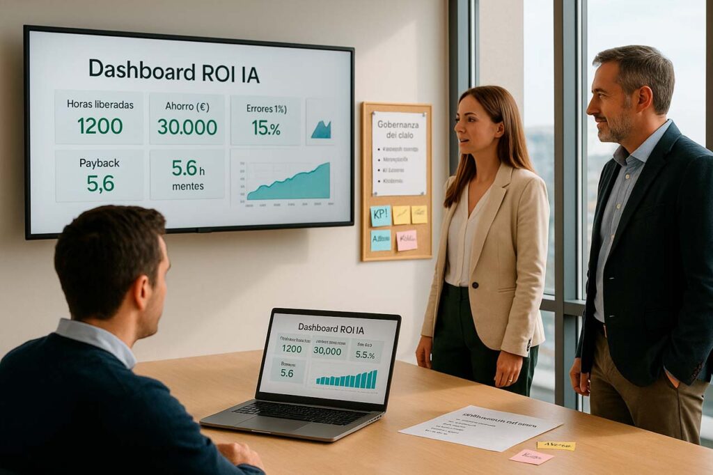 Comité resume el método de ROI en IA: KPI, línea base, despliegue y gobernanza en un esquema final.