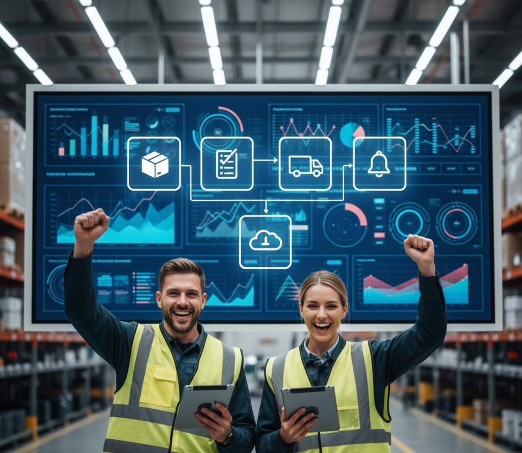 Profesionales en obra coordinando tareas con tablet tras automatizar aprobaciones y documentación del proyecto
