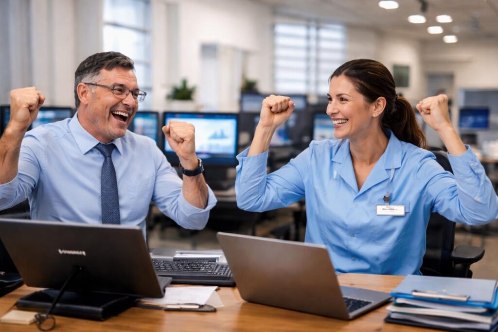 Equipo administrativo en entorno sanitario celebrando mejoras tras automatizar tareas de gestión y documentación
