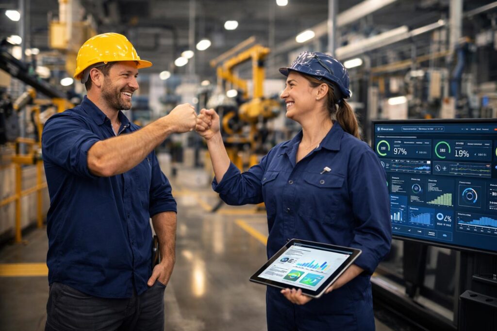 Profesionales en planta industrial celebrando resultados junto a un panel de producción tras automatizar un proceso