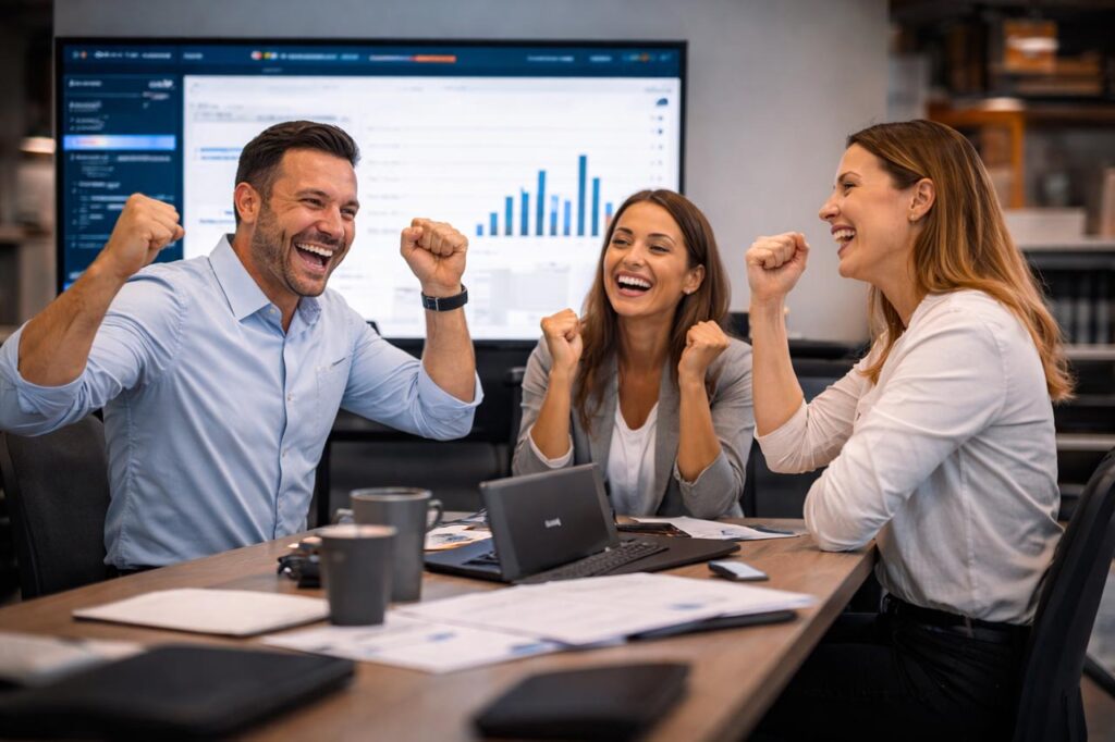 Equipo revisando un dashboard de KPIs tras automatizar procesos administrativos con low-code en una oficina