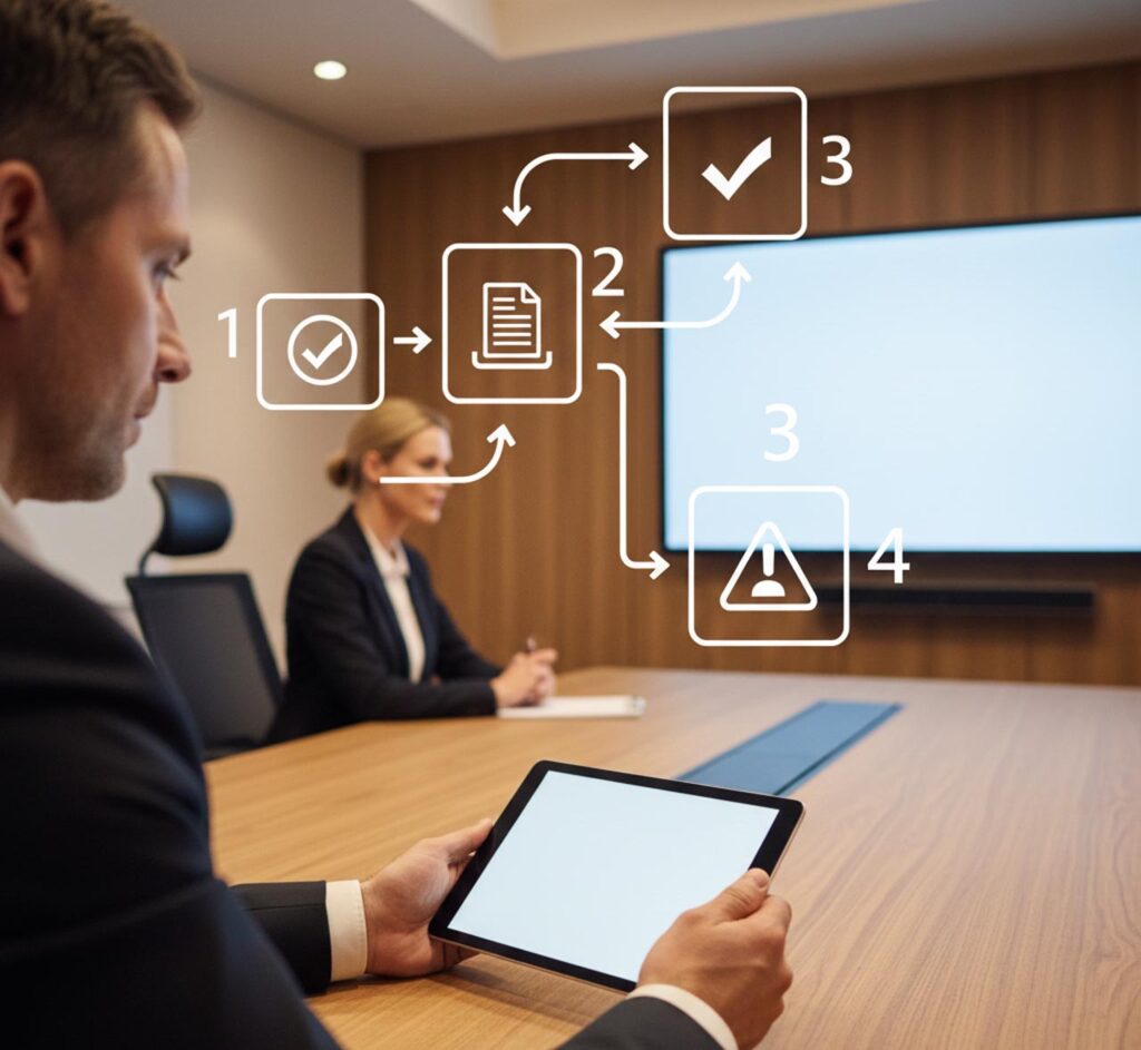 Directivo revisando un panel de control de automatizaciones con enfoque en seguridad, permisos y auditoría