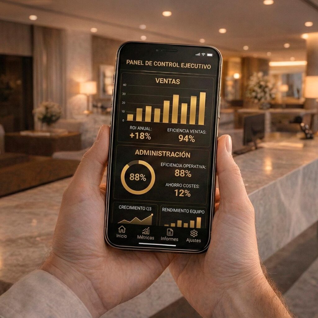 Interfaz de la aplicación EGI de EvoSysthemIA, mostrando un panel de control con métricas de ROI y eficiencia operativa para departamentos de administración y ventas.