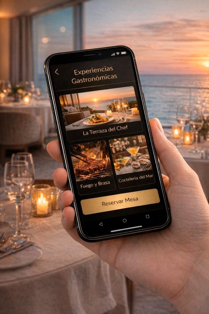 Smartphone con App Staff F&B mostrando ocupación, reservas y estados de mesas con chips y botón confirmar