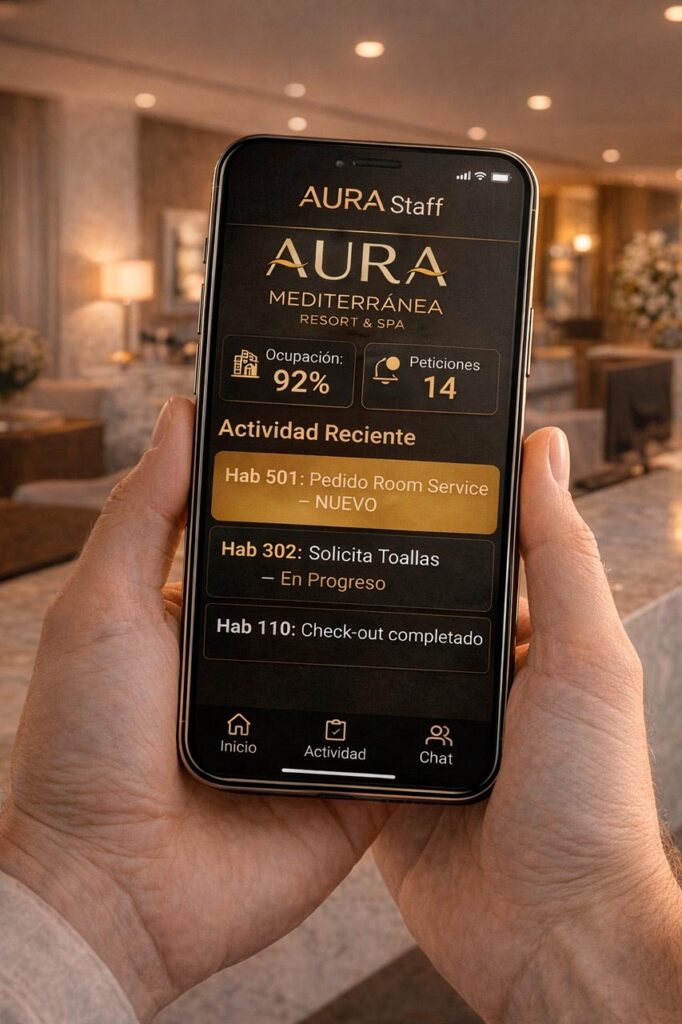 EGI Hotelería — Dashboard Staff para operaciones | Madrid y España Smartphone con dashboard de App Staff con KPIs de tareas, urgentes y mensajes y accesos por departamento