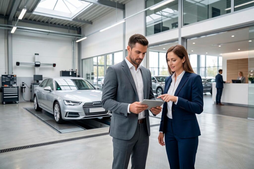 Dos profesionales de automoción revisando datos comerciales y seguimiento de clientes en un concesionario