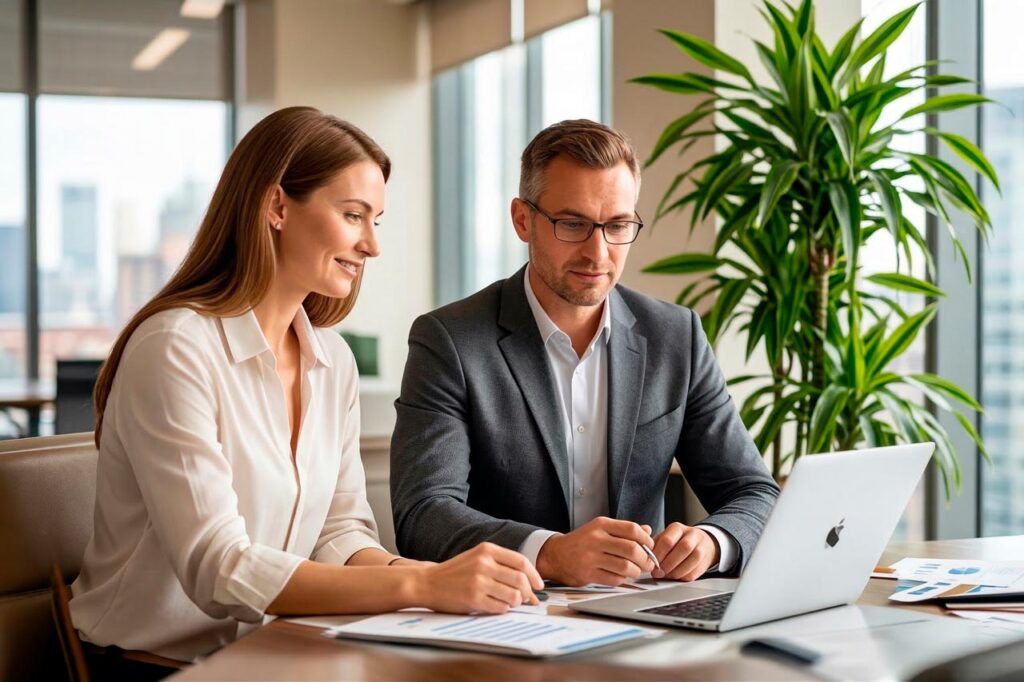 Consultoría de IA para mejorar la operación empresarial Consultor y directiva revisando estrategias de mejora operativa con apoyo tecnológico