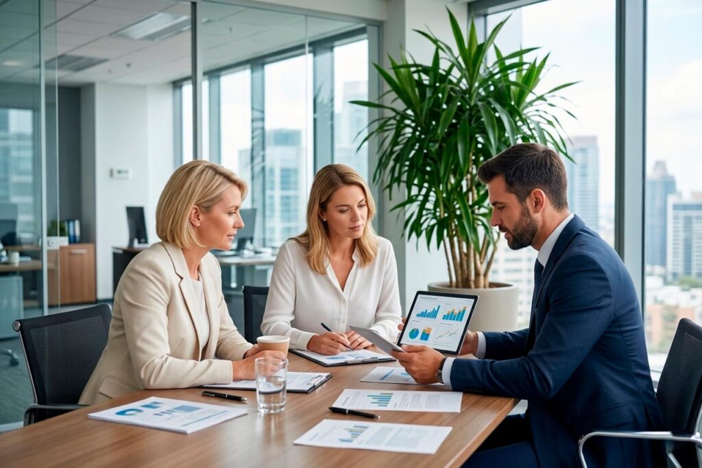 Equipo directivo revisando métricas operativas y datos de negocio en una reunión de empresa