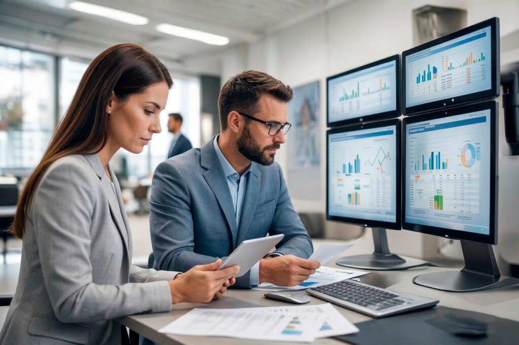 Presentación de KPIs de eficiencia operativa Directiva presentando indicadores de eficiencia operativa y cuadros de mando a su equipo