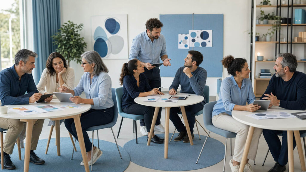 Profesionales de diferentes departamentos trabajando en grupos durante una formación práctica de IA