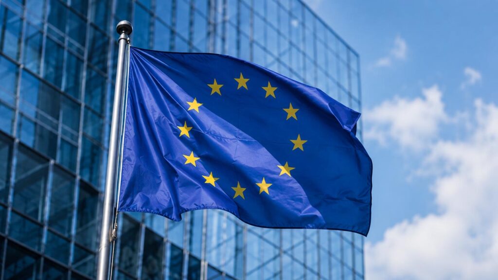 Bandera de la Unión Europea representando el nuevo calendario del AI Act y su aplicación progresiva
